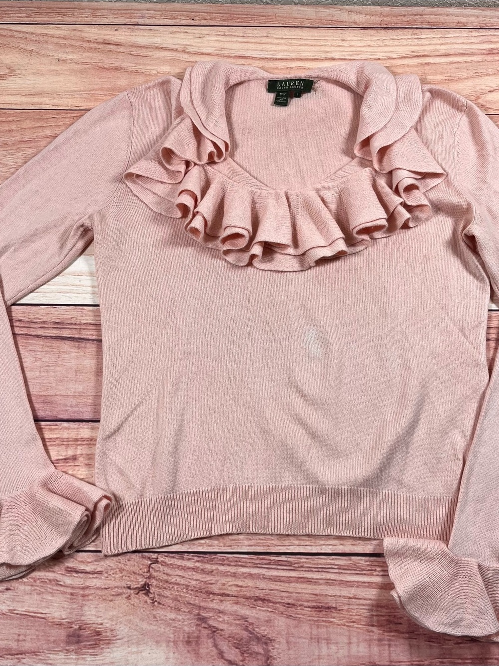 Lauren Ralph Lauren Silk Cashmere Ruffle Neck & Cuff Sweater Blush Women’s L*